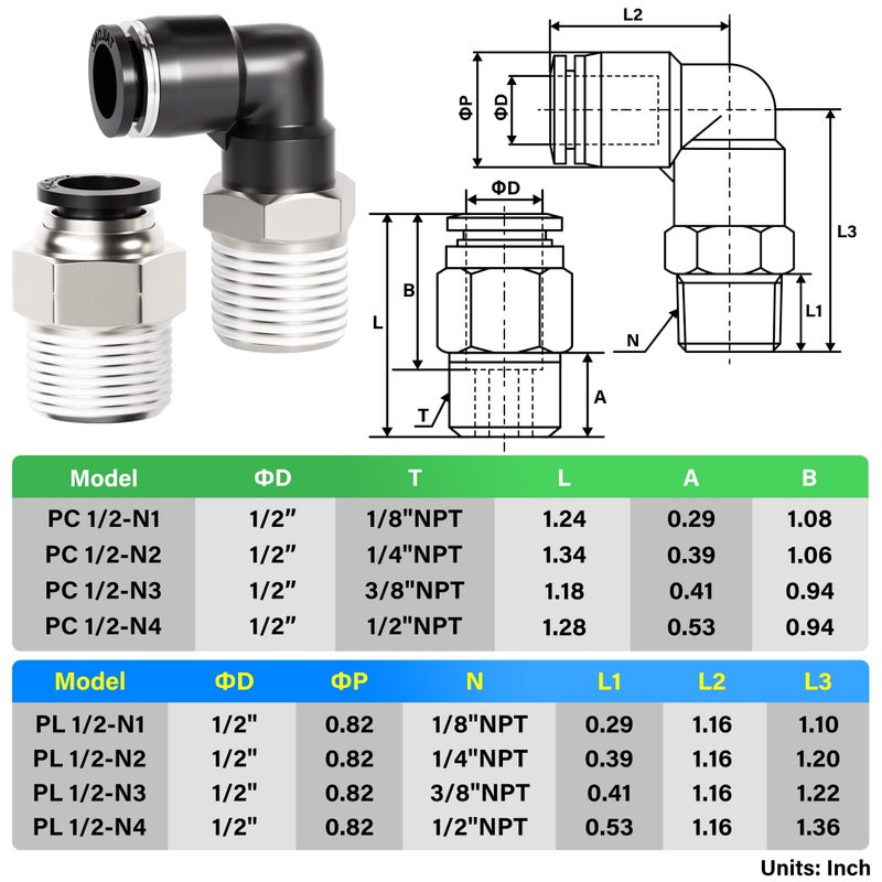 TAILONZ PNEUMATIC Elbow and Straight Combination 1/2 Inch Tube OD x 1/2 Inch NPT Thread Push to Connect Fittings PC-1/2-N4+PL-1/2-N4(Pack of 12) - Image 2